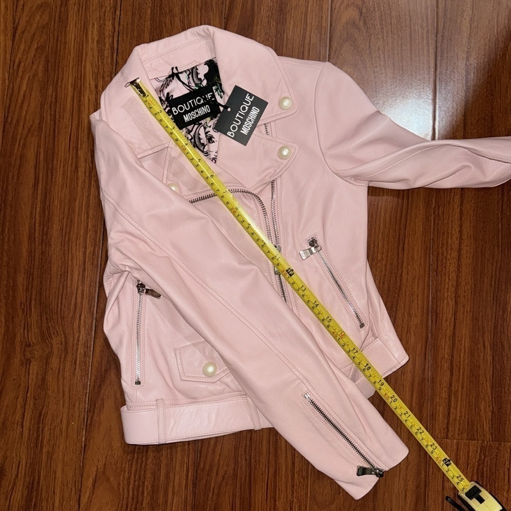 NWT Boutique Moschino Pearl-Trim Leather Moto Jacket Italy size 38 US size 4 - Picture 6 of 9